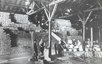 Men using machinery to assist in the stacking Red Cross parcels in a barn