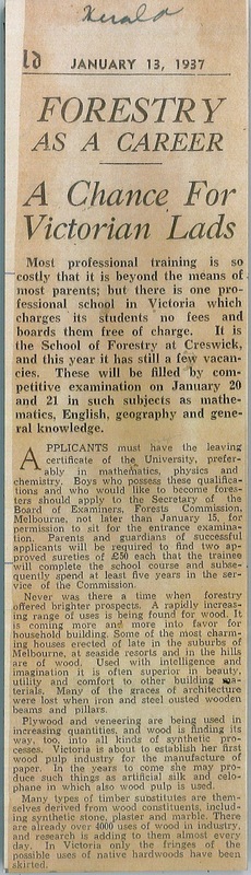 Newspaper cuttings: Forestry as a Career: A Chance for Victorian Lads (13 Jan 1937) & Forestry Holds Fascination as a Career (21 Aug 1956)