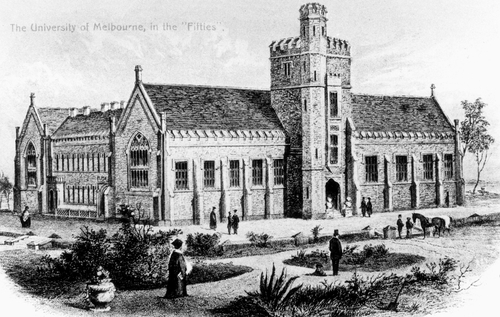 The proposed first building of the University of Melbourne, in the 1850s.
