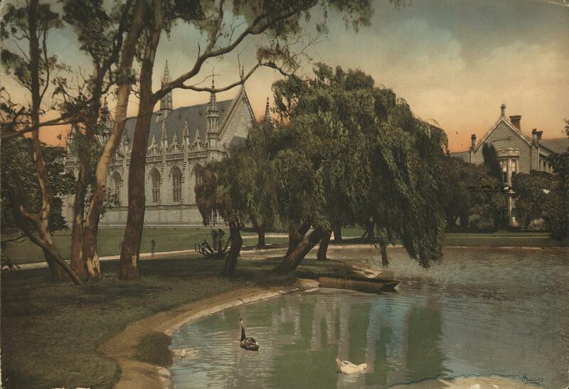 View of lake with Old Wilson Hall and Main building in background, University of Melbourne, 1902-1917.