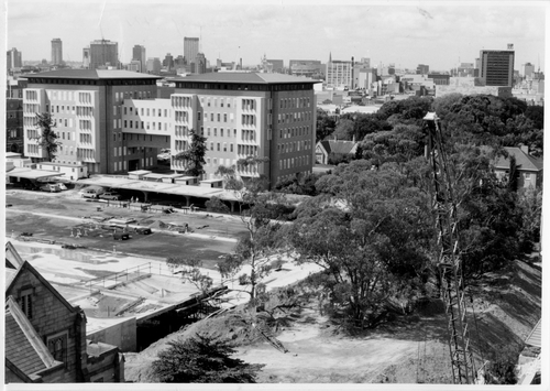 South Lawn Car Park under construction with John Medley Building in background in 1972.