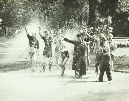 Students in lake, University of Melbourne, 1936.
