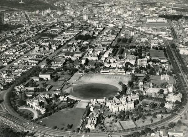 Aerial view of University, University of Melbourne, circa 1956.