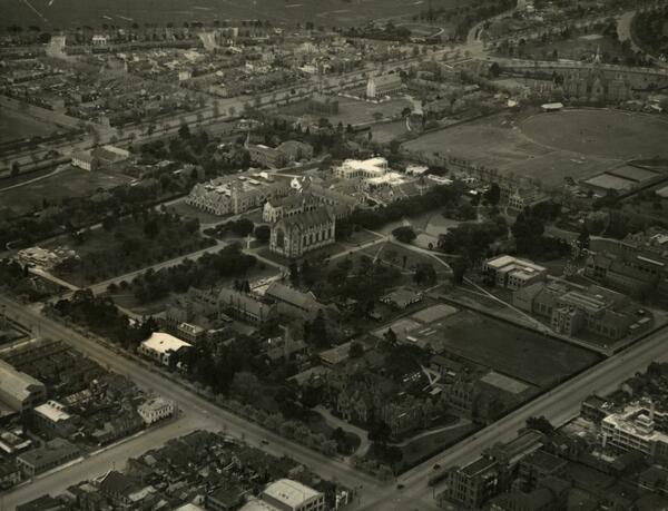 Aerial view of University of Melbourne campus, 1937.