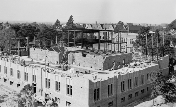 University building under construction. Looking from top of Wilson Hall to New Chemistry and beyond.