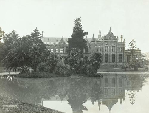 View of across lake to Biology School, University of Melbourne, circa 1901.