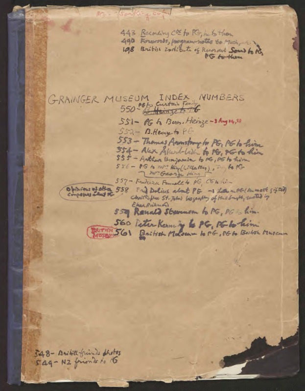 Percy Grainger's working copy of the Grainger Museum Index Numbers