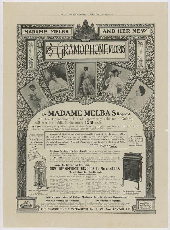 Uretfærdighed sy Breddegrad Advertisement for Madame Melba's Gramophone Records, The Illustrated London  News, 14 September 1907 · Grainger Museum Online