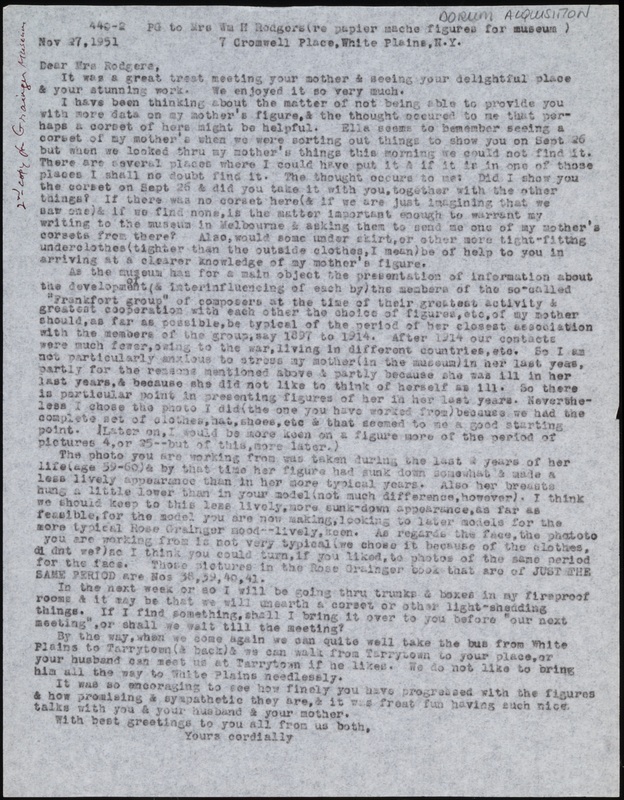 Letter from Percy Grainger to Mrs Kathleen Rogers, Nov 27, 1951, regarding museum display mannequins