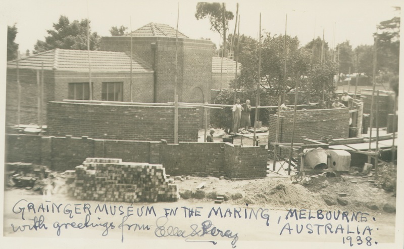 Inscribed photograph of the construction of the Grainger Museum, second phase, 1938