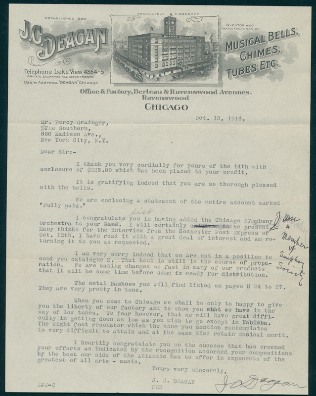 Letter from J.C. Deagan to Percy Grainger, Chicago, 19 October 1916