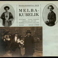 Promotional page for Melba–Kubelik Transcontinental Tour with photograph of Nellie Melba and Jan Kubelik, Wheeling, West Virginia, 1913–14 