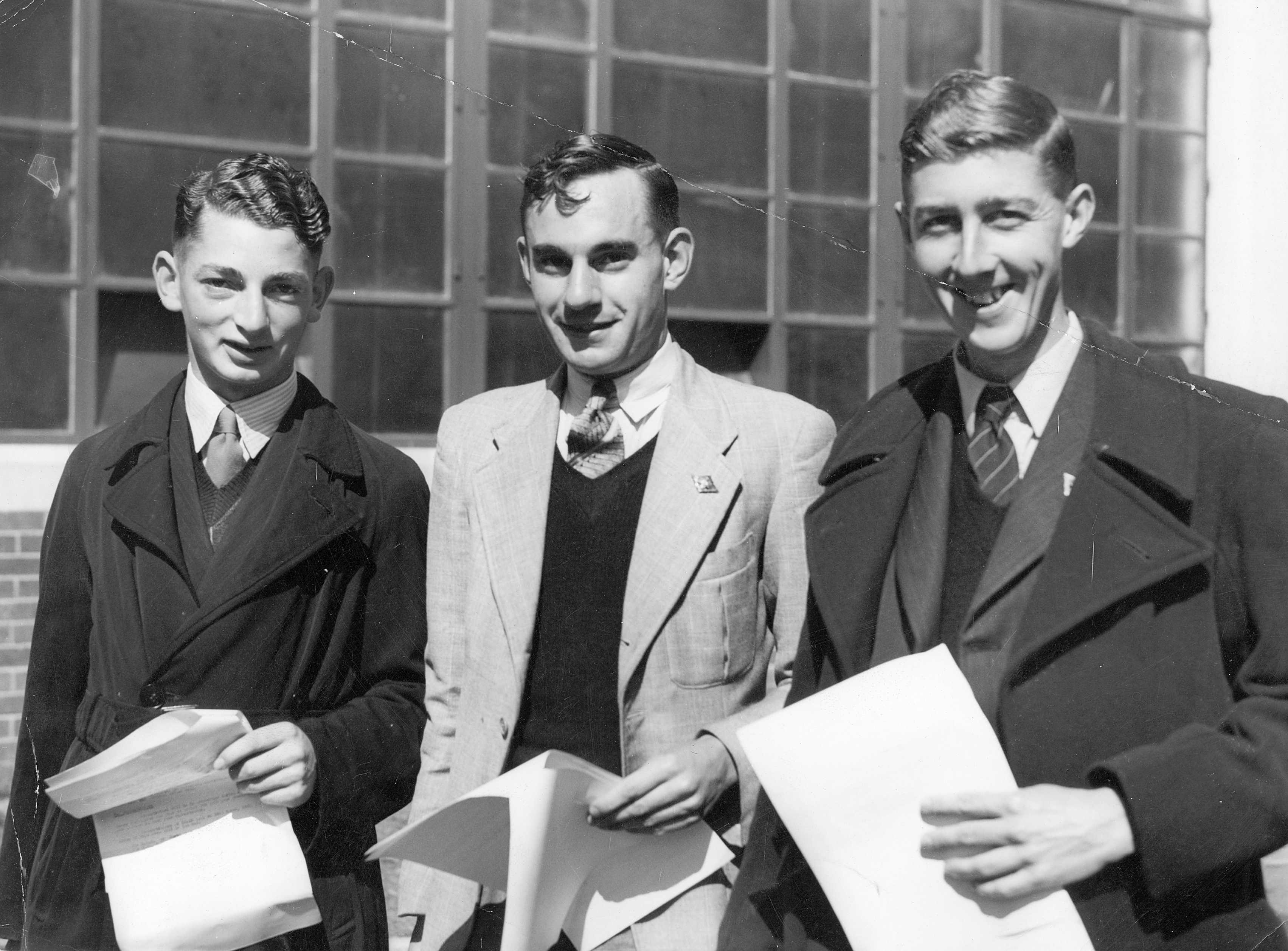 Three ex-RAAF doing engineering at University (interviewee not pictured), 1946. Photographer unknown. Argus Newspaper Collection of Photographs, State Library Victoria, H99.201.1674.jpg